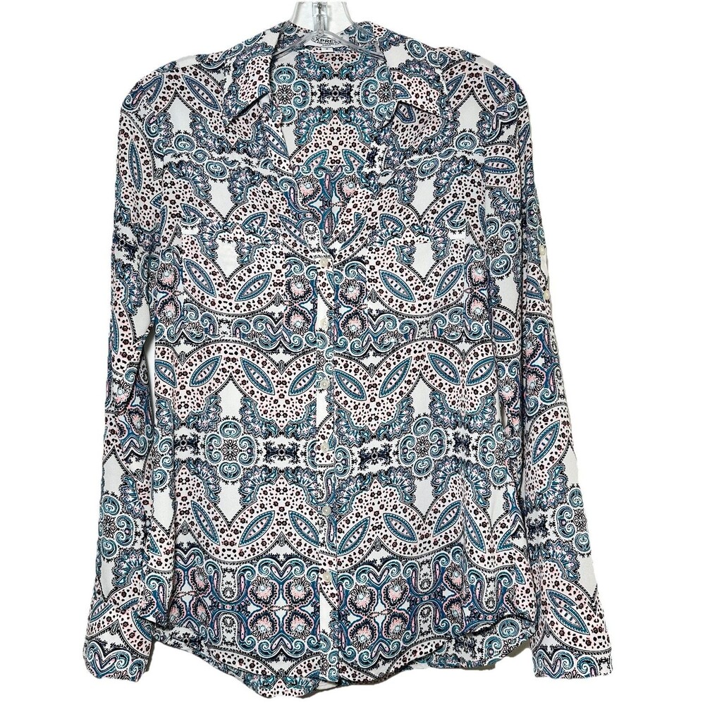Express Portofino Shirt Slim Fit Small Paisley Medallion Button Front Blouse